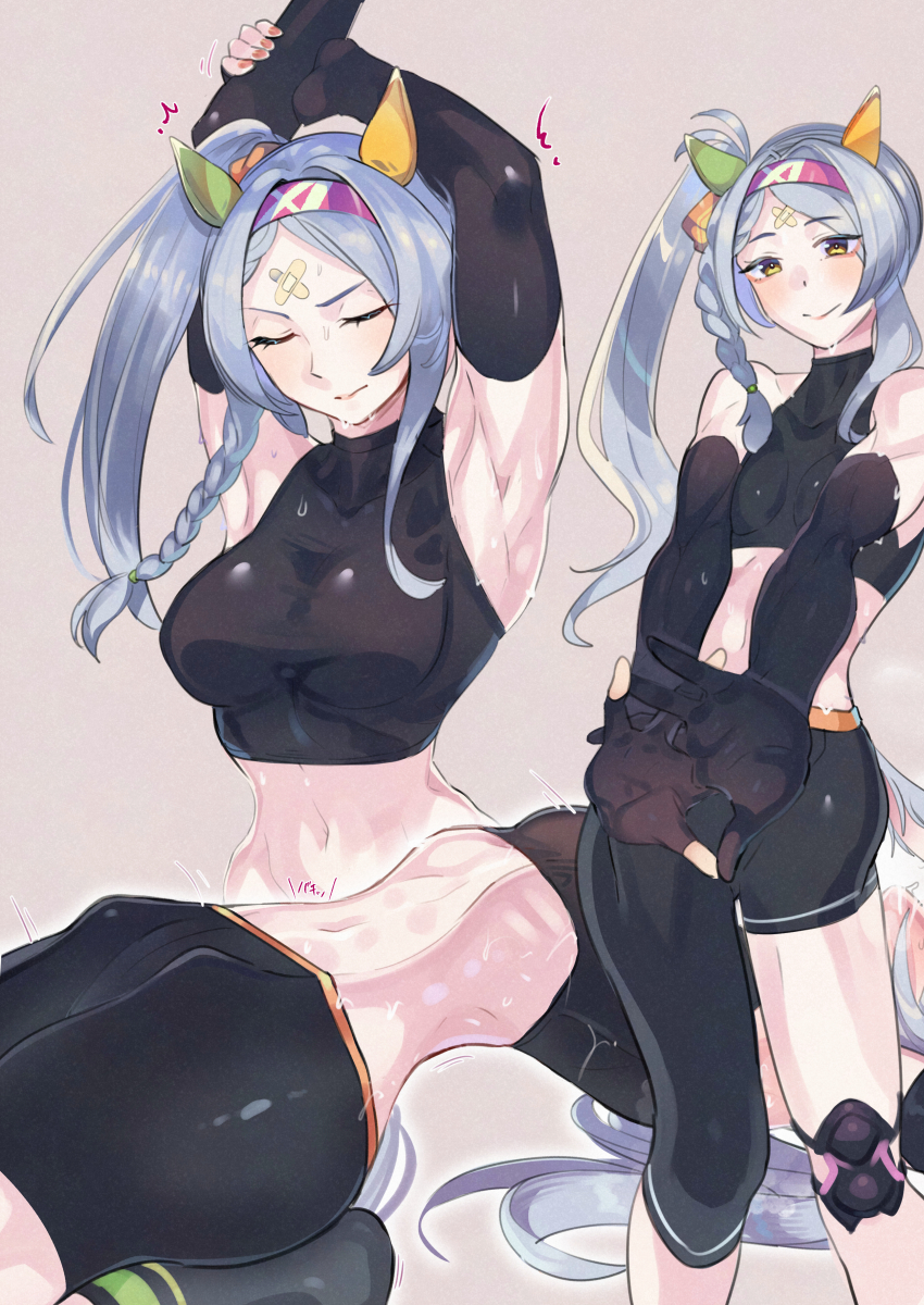 1girl, absurdres, armpits, bare_shoulders, black_gloves, black_pants, blue_hair, braid