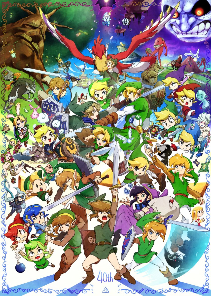 6+boys, absurdres, anniversary, arm_up, belt, blonde_hair, blue_hair, blue_hat