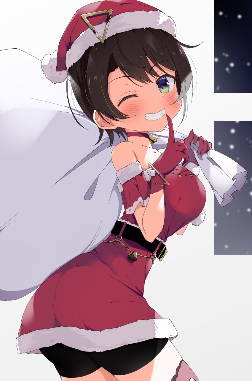 1girl, ;d, absurdres, aqua_eyes, arm_behind_back, bare_shoulders, bell, belly_chain