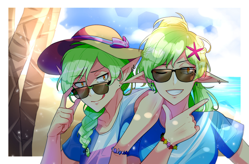 1boy, 1girl, beach, blonde_hair, bracelet, braid, braided_ponytail, brother_and_sister
