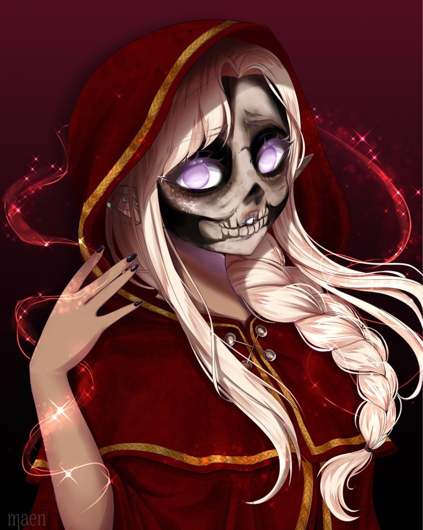 1girl, blonde_hair, blush, cloak, dark-skinned_female, dark_skin, elf, freckles, ganguro, glowing, glowing_eyes, gyaru, highres, hood, hooded_cloak, lich, long_hair, looking_at_viewer, lup_(the_adventure_zone), maen.chan, magic, pointy_ears, skull, solo, spoilers, the_adventure_zone