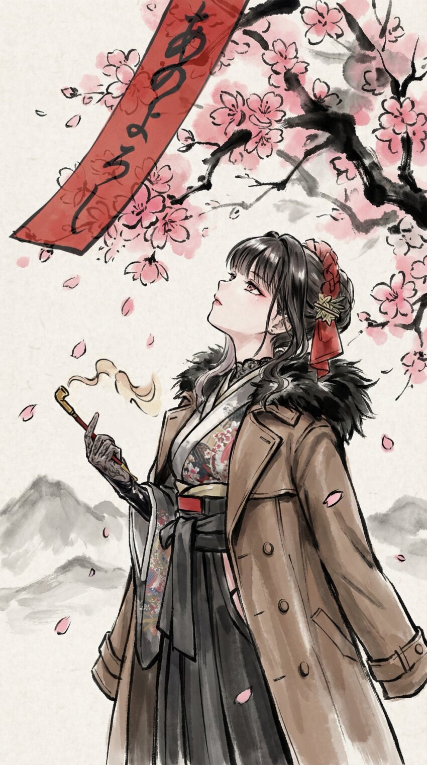 1girl, black_hair, cherry_blossoms, coat, commentary_request, empty_sleeve, fur_collar, gloves