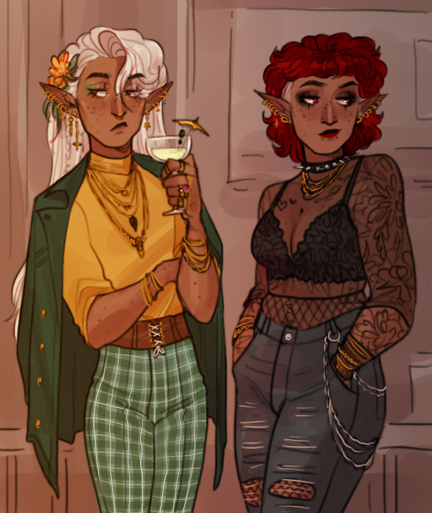 1boy, 1girl, bralette, breasts, brother_and_sister, cleavage, colored_upper_lip, commentary