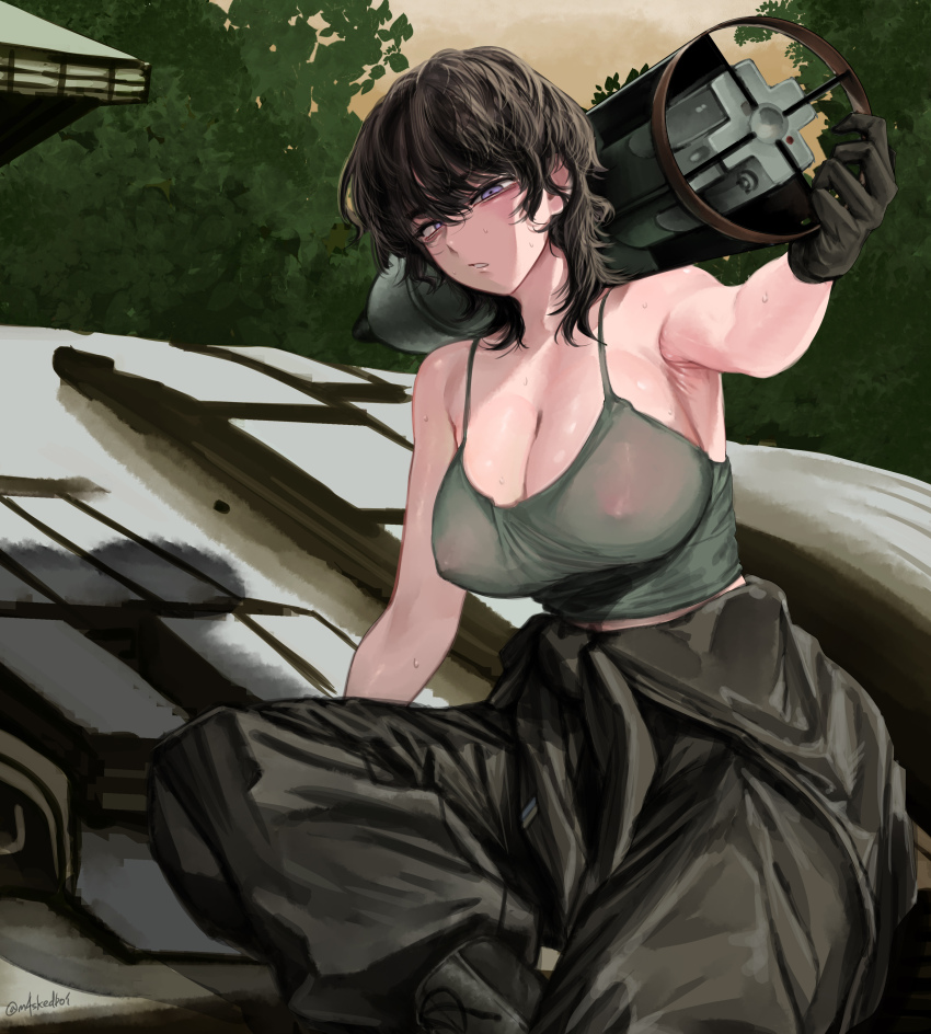 1girl, absurdres, ammunition, arm_up, armpits, black_boots, black_gloves, black_hair