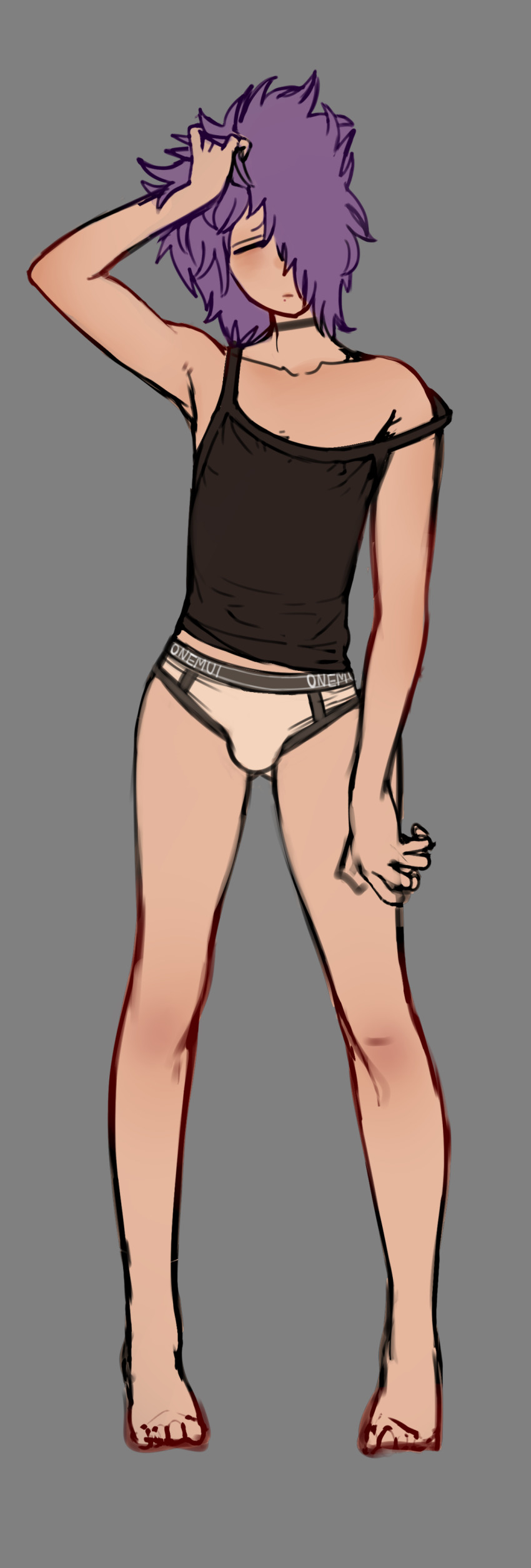 1boy, 2n5, absurdres, androgynous, black_tank_top, bulge, closed_eyes, commentary, full_body, grey_background, hair_over_one_eye, hand_on_own_head, highres, male_focus, male_underwear, messy_hair, mikel-kun, original, purple_hair, scene_cut, short_hair, solo, standing, tank_top, underwear, white_male_underwear