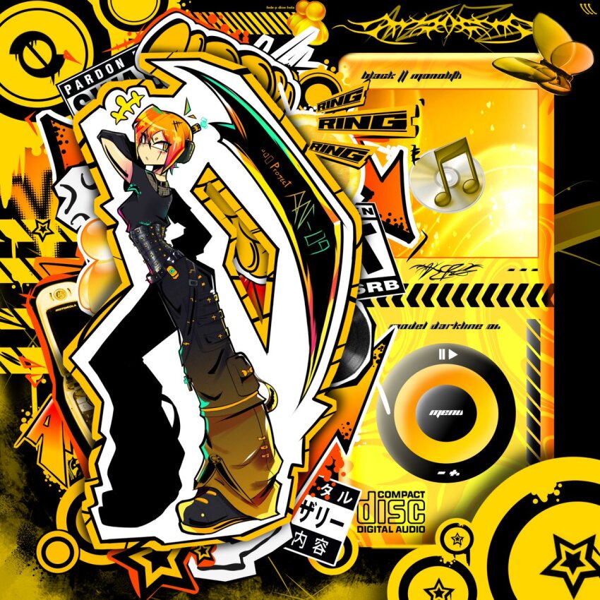 1girl, akita_neru, alternate_costume, arrow_(symbol), black_pants, black_shirt, blonde_hair, bug