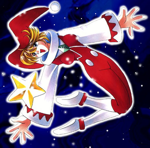 1girl, bad_id, blonde_hair, blue_eyes, bodysuit, breasts, brooch, christmas, full_body, genderswap, genderswap_(otf), hat, humanization, jester_cap, jewelry, kumasaka_ramao, looking_at_object, lowres, medium_breasts, multicolored_bodysuit, nights_(character), nights_into_dreams, open_hands, red_bodysuit, red_hat, short_hair, solo, star_(symbol), two-tone_bodysuit, white_sleeves, wide_sleeves