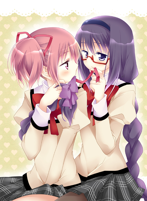 10s, 2girls, akemi_homura, blush, braid, eye_contact, glasses, hairband