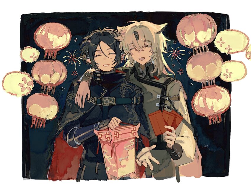 2boys, animal_ears, arknights, arm_around_neck, arm_guards, black_cape, blue_hair, border