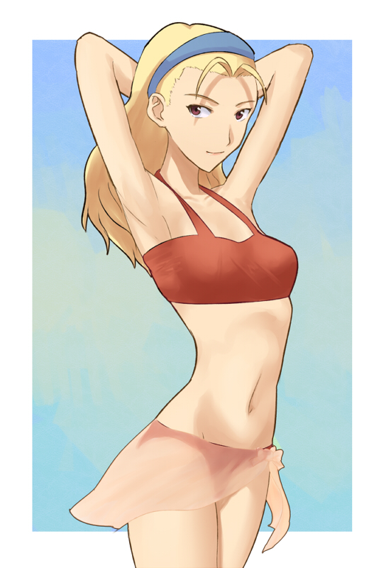 1990s_(style), 1girl, alternate_hairstyle, antenna_hair, armpits, arms_up, bad_id, bad_pixiv_id