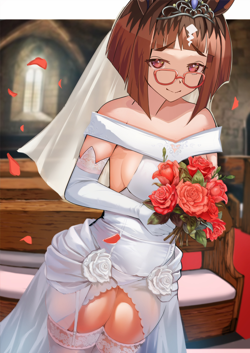 1girl, absurdres, animal_ears, bare_shoulders, bigboss021, bouquet, breasts, bridal_veil