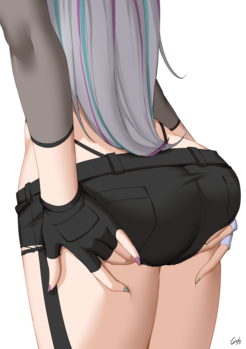 1girl, absurdres, aqua_hair, ass, ass_focus, ass_support, black_gloves, black_shorts