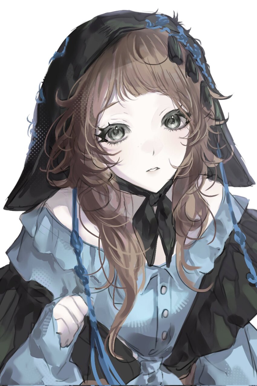 1girl, bare_shoulders, black_coif, blue_shirt, brown_hair, chinstrap, commentary_request, coppelia_(reverse:1999)