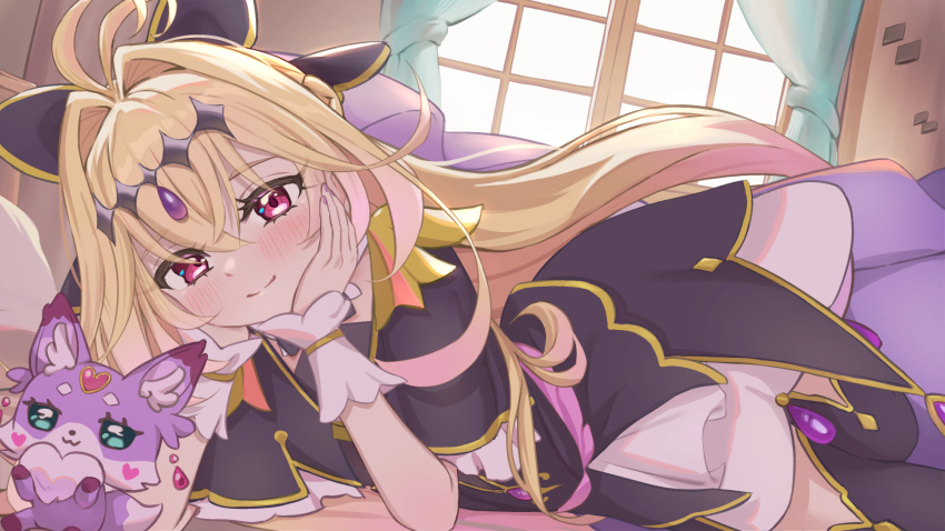 1girl, animal_ear_fluff, animal_ears, antenna_hair, aqua_eyes, black_bow, black_capelet, black_dress