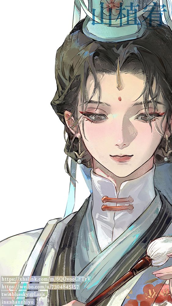 1girl, artist_name, black_hair, blue_hat, calligraphy_brush, chinese_clothes, cropped, facial_mark