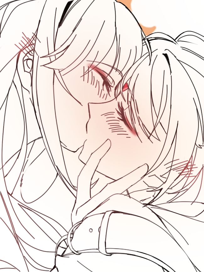 2girls, blush, cho_kaguya-hime!, closed_eyes, commentary_request, crescent, crescent_hair_ornament, doveeee