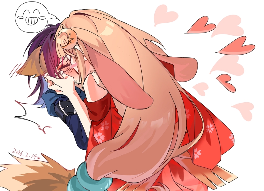 2girls, animal_ears, blonde_hair, blue_hoodie, blush, cho_kaguya-hime!, commentary_request, doveeee, ear_blush, fox_ears, hand_on_another's_face, heart, hood, hoodie, japanese_clothes, kaguya_hime_(onmyoji), kimono, kiss, long_hair, multiple_girls, purple_hair, rabbit_ears, red_kimono, sakayori_iroha, short_hair, simple_background, spoken_expression, sweat, white_background, yuri