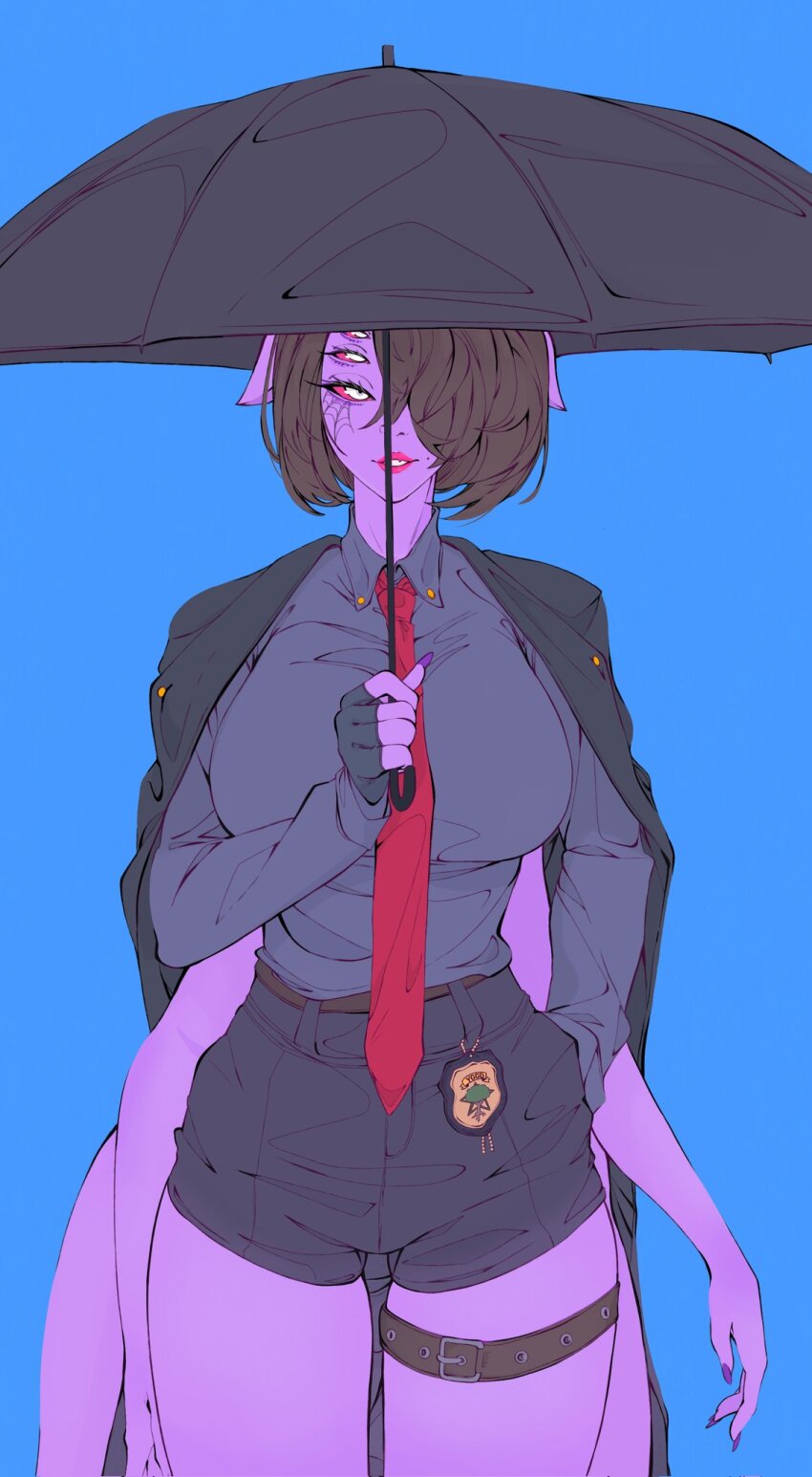 alternate_hair_length, alternate_hairstyle, animal_ears, arthropod_girl, bat_ears, black_coat, black_shorts, brown_hair