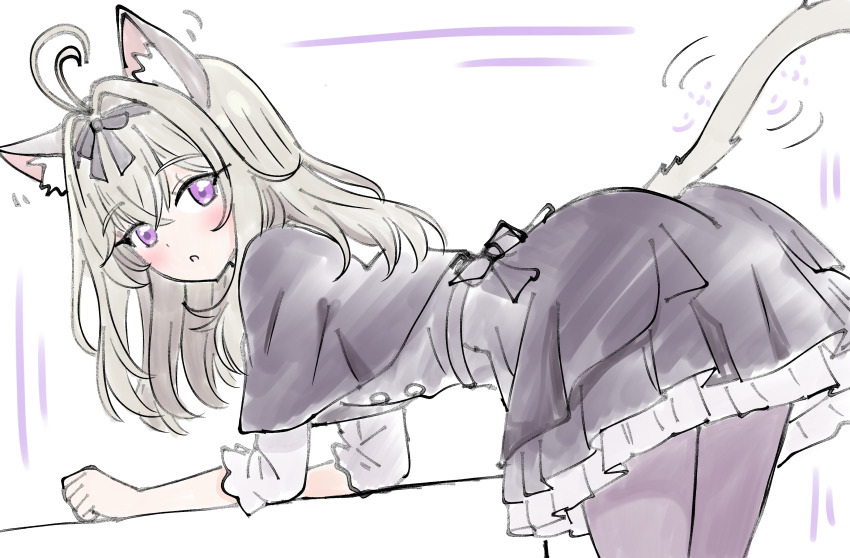 1girl, :o, absurdres, animal_ears, antenna_hair, bent_over, black_capelet, black_pantyhose