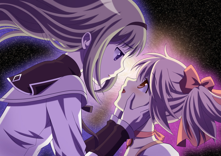 10s, 2girls, akemi_homura, akemi_homura_(magical_girl), black_hair, blush, eye_contact, hairband