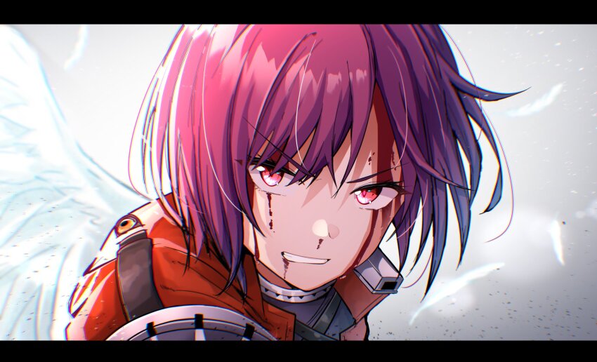 1girl, blood, blood_from_forehead, blood_on_face, clenched_teeth, feathers, heaven_burns_red, highres