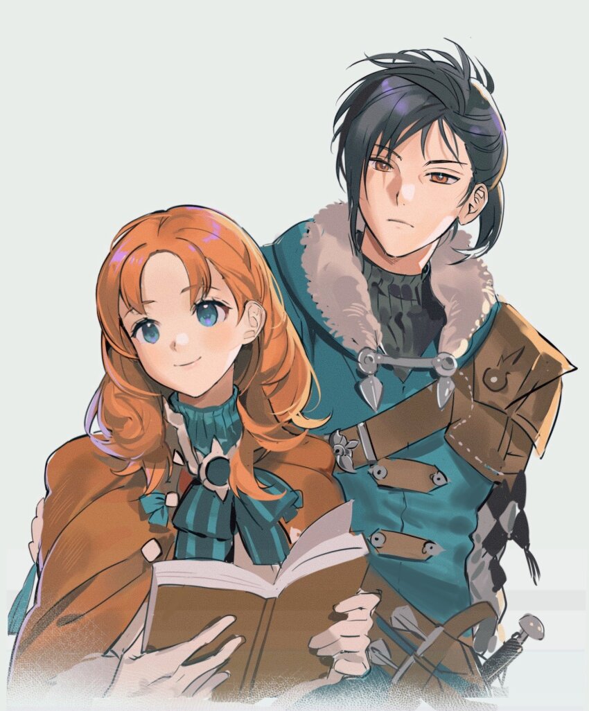 1boy, 1girl, annette_fantine_dominic, annette_fantine_dominic_(timeskip), blue_eyes, blue_hair, blue_jacket, book