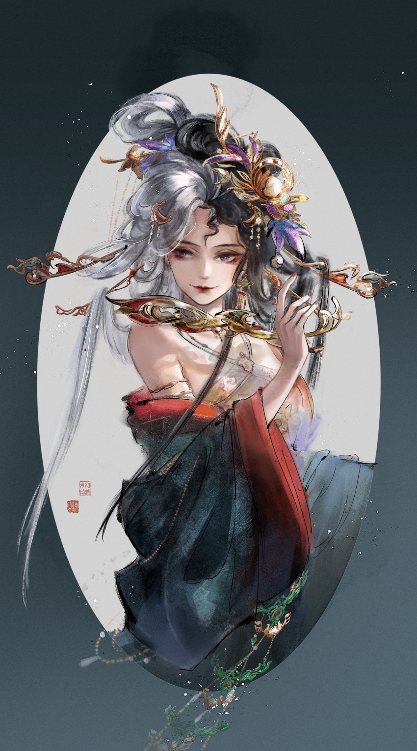 1girl, absurdres, armor, bare_shoulders, black_hair, black_robe, blue_background, chinese_clothes, chinese_commentary, chinese_hairpin, closed_mouth, commentary_request, crescent, crescent_hair_ornament, cropped_legs, dress, flower, folding_fan, gold_armor, gradient_background, grey_background, hair_flower, hair_ornament, hairpin, halter_dress, halterneck, hand_fan, happy, highres, holding, holding_fan, infinity_nikki, light_particles, lipstick, liuxianghezhao, long_hair, long_sleeves, looking_at_viewer, makeup, multicolored_hair, multiple_hairpins, nail_polish, nikki_(series), purple_eyes, red_lips, red_nails, robe, signature, smile, solo, two-tone_background, two-tone_hair, very_long_hair, where_wanxiang_weaves_life_(infinity_nikki), white_dress, white_hair, wide_sleeves