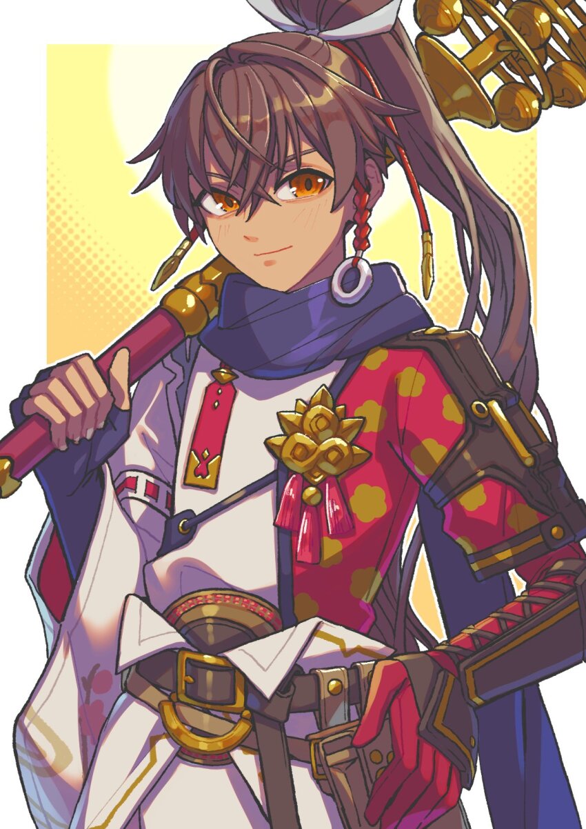 1boy, aomi6297, armor, black_scarf, brown_hair, commentary_request, grey_kimono, hair_between_eyes