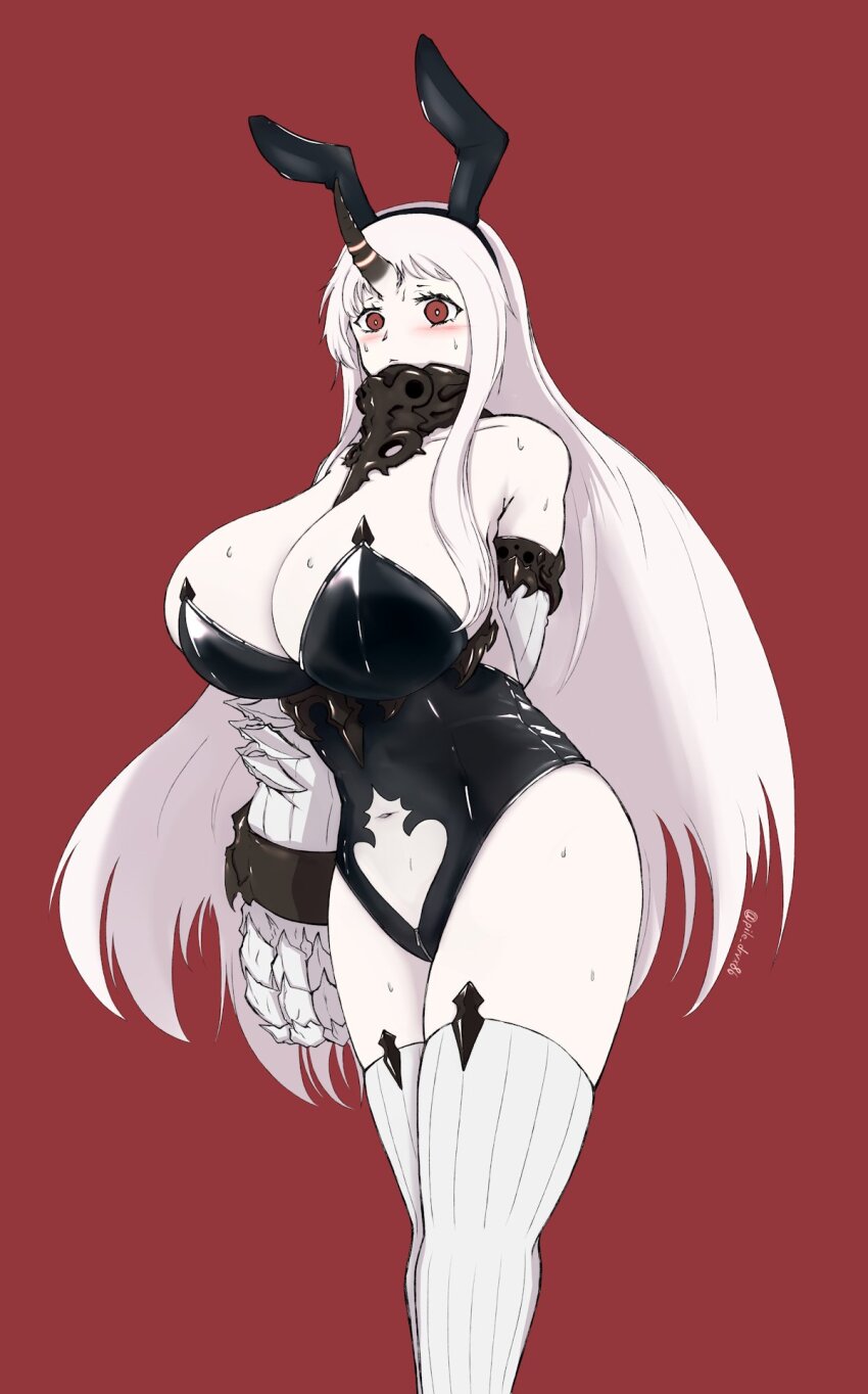 1girl, abyssal_ship, animal_ear_hairband, animal_ears, black_leotard, breasts, claws, colored_skin, commentary_request, covered_mouth, detached_collar, detached_sleeves, fake_animal_ears, hairband, highleg, highleg_leotard, highres, horns, kantai_collection, large_breasts, leotard, long_hair, looking_at_viewer, pairu_(pile_drvx86), pale_skin, playboy_bunny, rabbit_ear_hairband, rabbit_ears, red_eyes, seaport_princess, single_horn, solo, strapless, strapless_leotard, thighhighs, very_long_hair, white_hair, white_skin