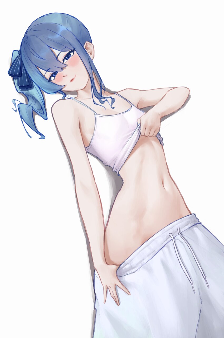 1girl, bare_shoulders, blue_eyes, blue_hair, bobsta01, breasts, camisole, clothes_pull