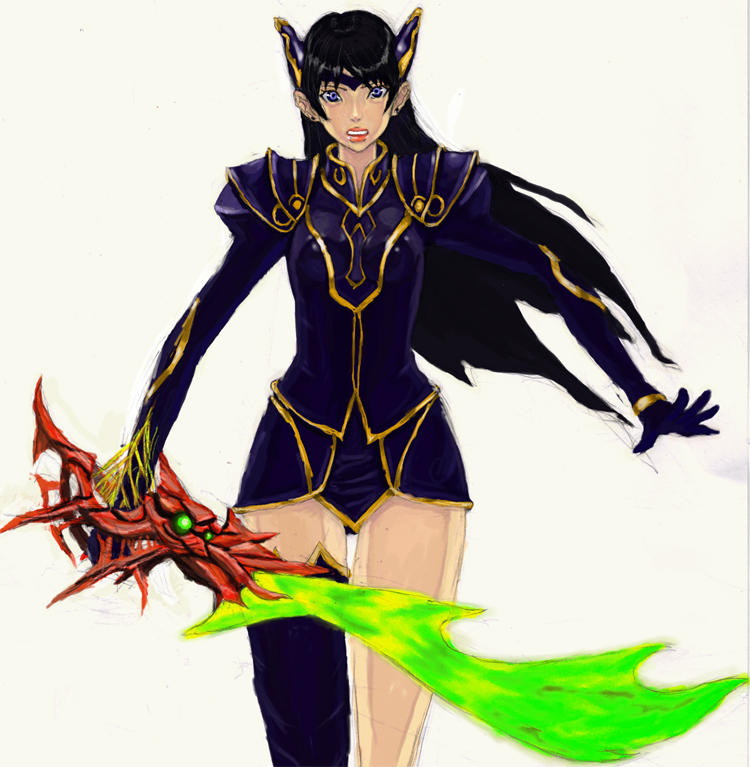 1girl, armor, black_hair, blue_hair, dragon_buster, female_focus, gloves, headdress