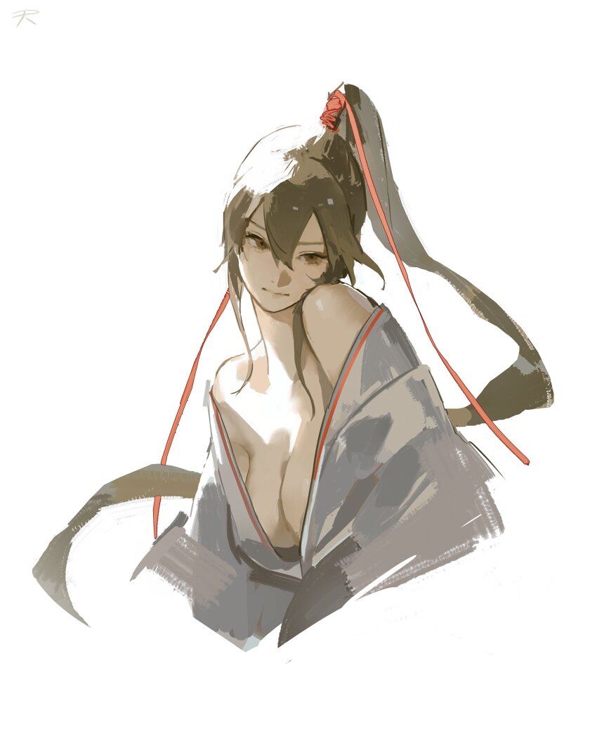 1girl, absurdres, bare_shoulders, breasts, brown_eyes, brown_hair, cleavage, collarbone, commentary, cropped_torso, expressionless, hair_between_eyes, hair_ribbon, head_on_own_shoulder, high_ponytail, highres, japanese_clothes, jigokuraku, kimono, long_hair, looking_to_the_side, naked_kimono, open_clothes, open_kimono, ponytail, red_ribbon, ribbon, rrumirumi_x, sidelocks, simple_background, solo, upper_body, white_background, white_kimono, yamada_asaemon_sagiri