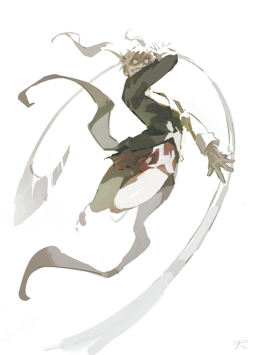 1girl, absurdres, blonde_hair, commentary, crazy_grin, cropped_legs, floating_clothes, floating_hair