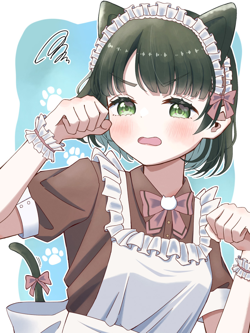 1girl, absurdres, animal_ears, blue_background, blue_eyes, blush, border, bow