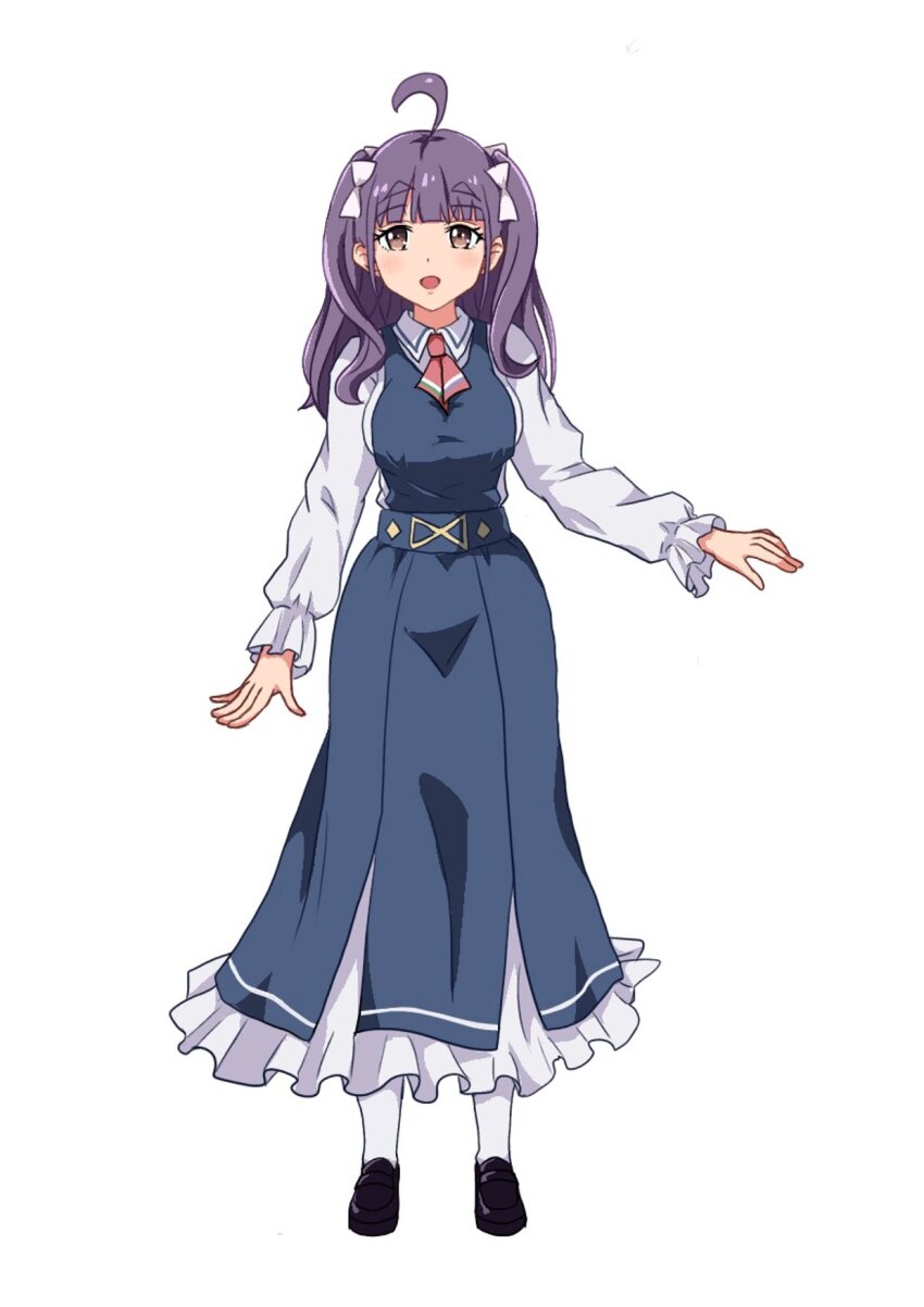 1girl, ahoge, black_shoes, blue_dress, blunt_bangs, bow, breasts, chofu_noriko