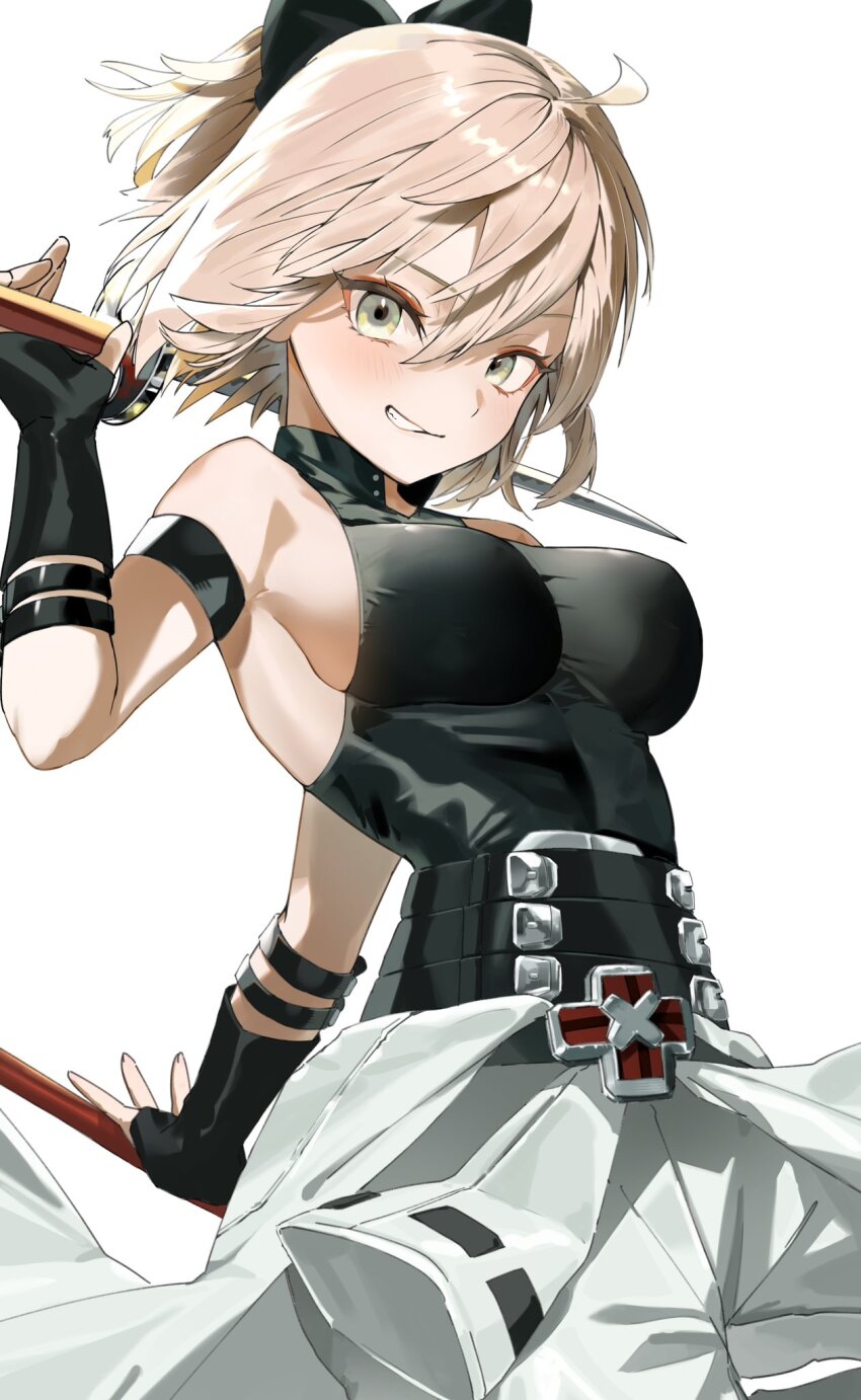 1girl, ahoge, blonde_hair, breasts, clothes_around_waist, commentary_request, cosplay, fate/grand_order, fate_(series), fingerless_gloves, gloves, grey_eyes, harada_sanosuke_(fate), harada_sanosuke_(fate)_(cosplay), highres, large_breasts, nagisan_53, okita_souji_(fate), okita_souji_(koha-ace), ponytail, shirt, short_ponytail, sleeveless, sleeveless_shirt, white_background