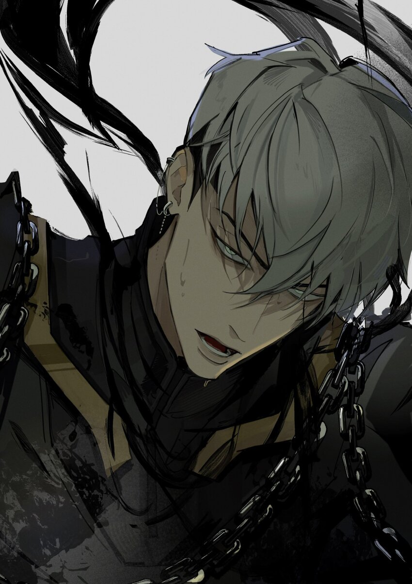 1boy, black_hair, black_shirt, chain, earrings, grey_eyes, hashtag-only_commentary, highres