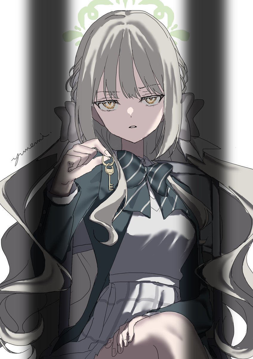 1girl, blue_archive, bow, bowtie, breasts, commentary_request, crossed_legs, diagonal-striped_bow