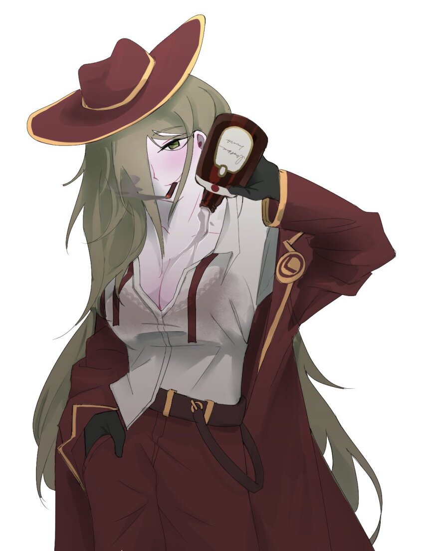 alcohol, bikini, bikini_under_clothes, blonde_hair, breasts, cigar, cleavage, coat