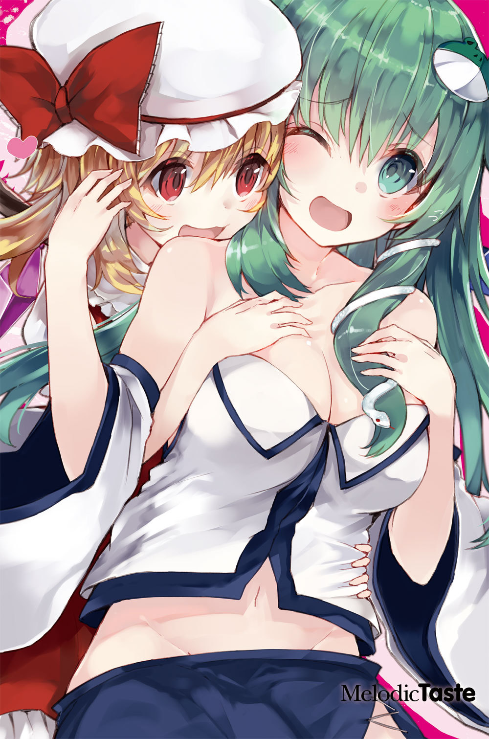 2girls, :d, adapted_costume, blonde_hair, blue_skirt, blush, bow, breasts