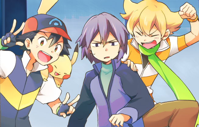 00s, 3boys, ^_^, annoyed, ash_ketchum, bad_id, bad_pixiv_id, barry_(pokemon), baseball_cap, black_hair, blonde_hair, child, closed_eyes, double_v, gen_1_pokemon, hat, male_focus, mogawa, multiple_boys, nintendo, paul_(pokemon), pikachu, pokemon, pokemon_(anime), pokemon_(creature), pokemon_diamond/pearl/platinum, pokemon_the_series:_diamond_and_pearl, purple_hair, scarf, short_hair, sweatdrop, v