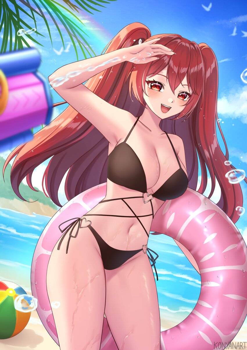 1girl, :d, absurdres, artist_name, ball, bare_arms, bare_shoulders, beach