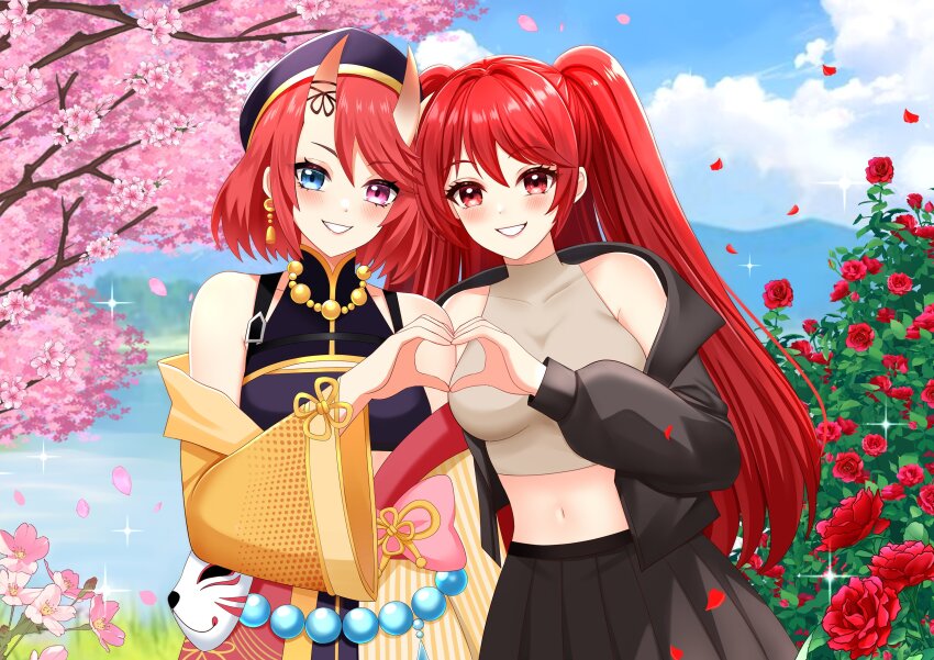 2girls, absurdres, bare_shoulders, black_hat, black_jacket, black_skirt, blue_eyes, blush