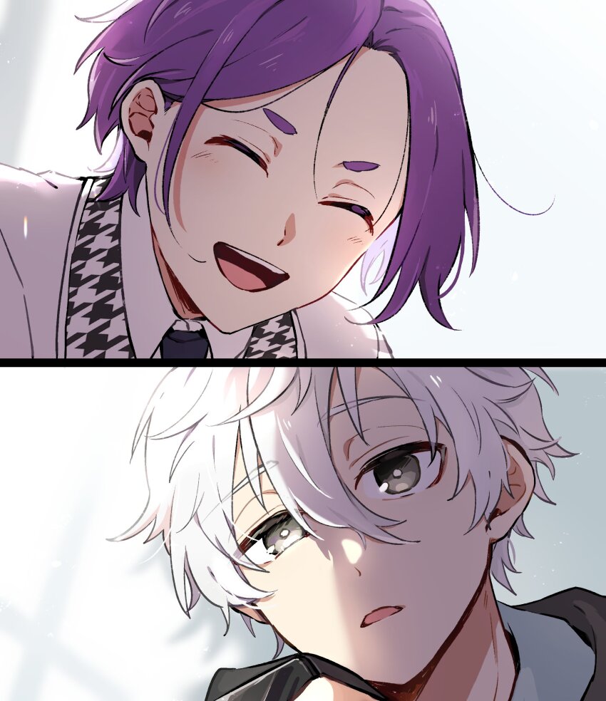 2boys, asymmetrical_bangs, black_hoodie, black_necktie, blue_lock, blurry, blurry_background, closed_eyes