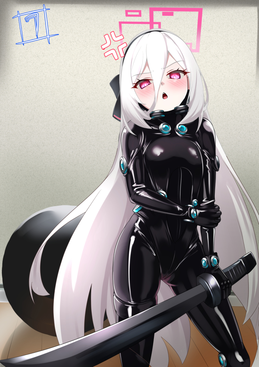 1girl, black_bodysuit, black_hairband, blue_archive, bodysuit, breasts, commentary_request, double-parted_bangs