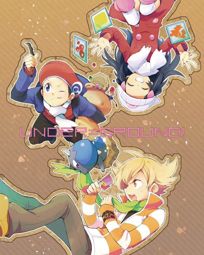 00s, 1girl, 2boys, ^_^, alternate_costume, bad_id, bad_pixiv_id, barry_(pokemon)