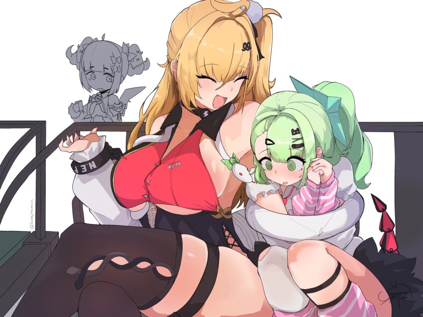 3girls, ahoge, arm_warmers, bare_shoulders, blonde_hair, blush, breasts, cissia_(zenless_zone_zero), closed_eyes, detached_sleeves, fangs, green_eyes, green_hair, hair_between_eyes, hair_ornament, highres, large_breasts, long_hair, multiple_girls, nangong_yu, necktie, open_mouth, pink_nails, red_necktie, samejimamayu, shirt, sideboob, simple_background, smile, snake, snake_tail, striped_arm_warmers, sunna_(zenless_zone_zero), tail, underboob, white_background, white_shirt, white_snake, zenless_zone_zero