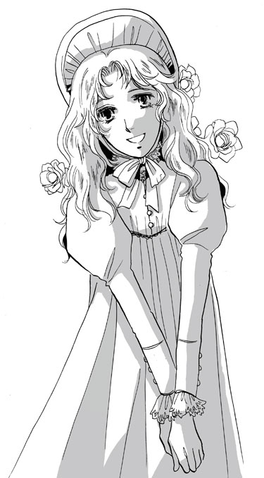 1970s_(style), 1girl, bonnet, dress, female_focus, flower, greyscale, hyousaki_mihoko, marybell_portsnell, monochrome, oldschool, poe_no_ichizoku, puffy_sleeves, retro_artstyle, rose, smile, solo, victorian