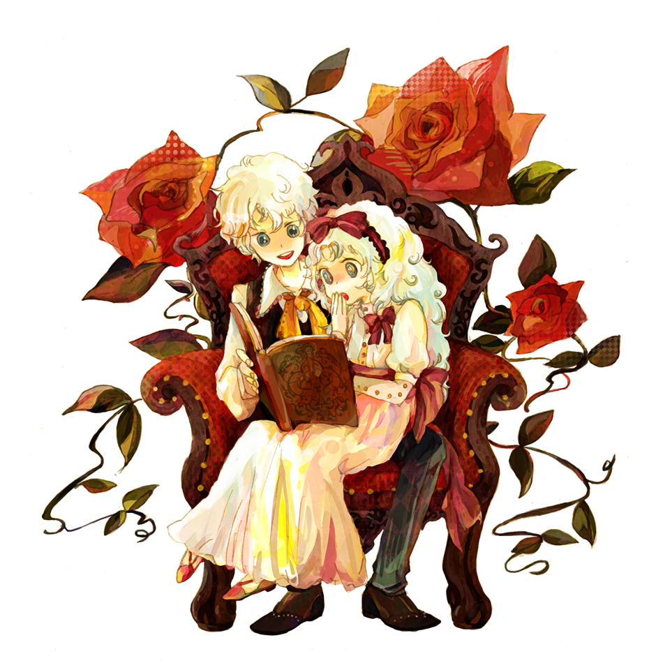 1boy, 1girl, blonde_hair, book, den, edgar_portsnell, flower, marybell_portsnell