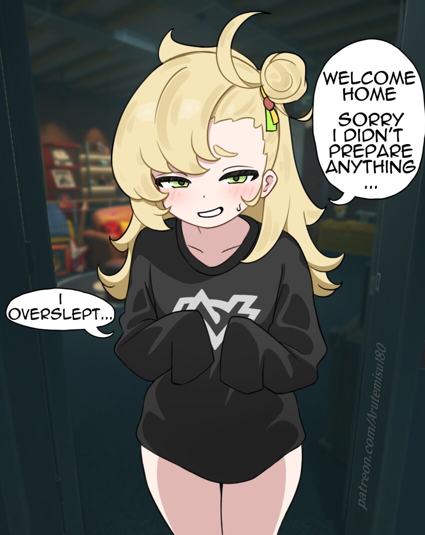 1girl, absurdres, arutemisu180, black_shirt, blonde_hair, blush, borrowed_clothes, commentary